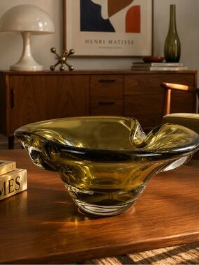 VTG MCM Heavy Art Glass Bowl | Amber Olive Swung Style | Sculptural Centerpiece